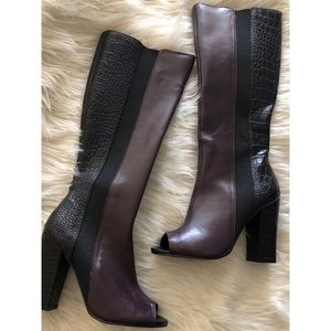 Color blocked peep toe heeled boot w/ elastic gore